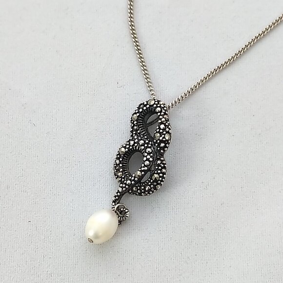 Beguiling Sterling Silver Snake Amulet Necklace w/ Marcasite & Freshwater Pearl - Picture 6 of 10